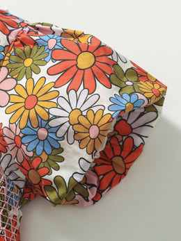 Floral Printed Peter Pan Collar Puff Sleeves Smocked Fit & Flare Dress