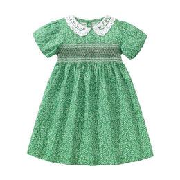 Girls Green Floral Print Peter Pan Collar Puff Sleeve A-Line Dress