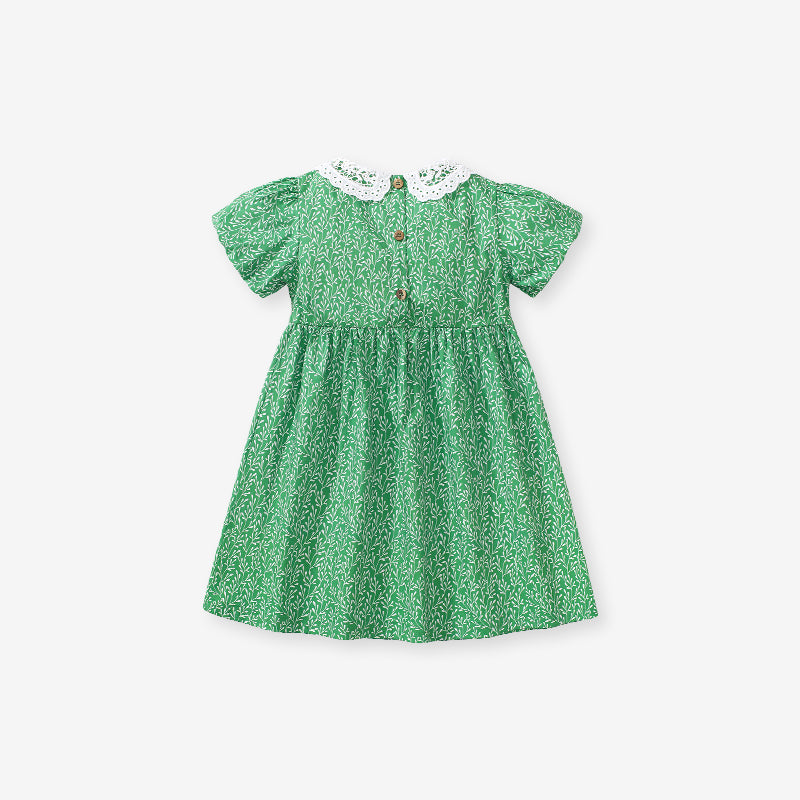 Girls Green Floral Print Peter Pan Collar Puff Sleeve A-Line Dress
