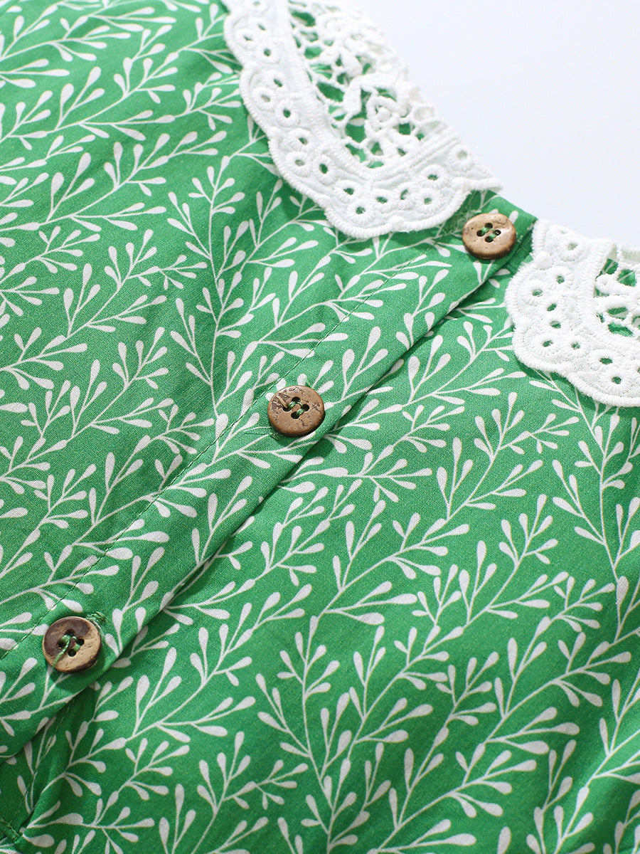 Girls Green Floral Print Peter Pan Collar Puff Sleeve A-Line Dress