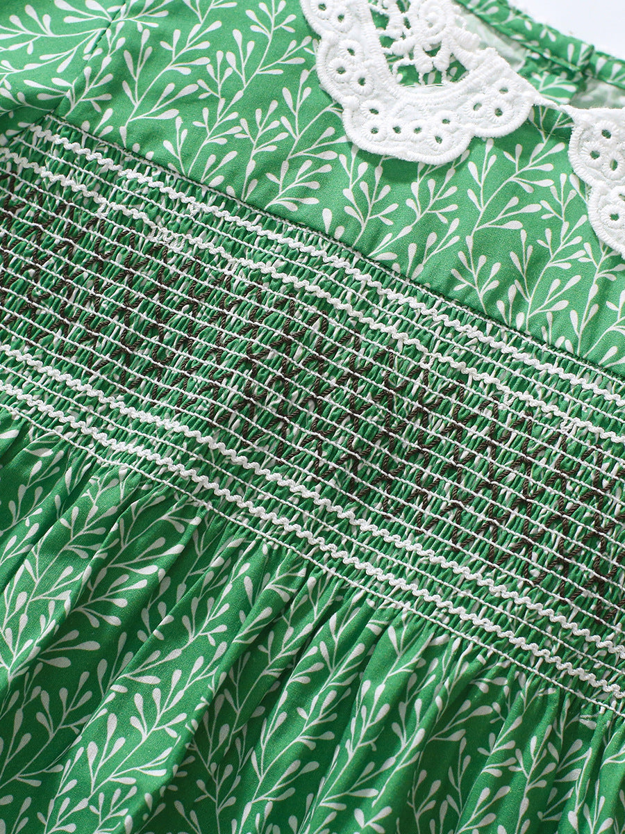 Girls Green Floral Print Peter Pan Collar Puff Sleeve A-Line Dress
