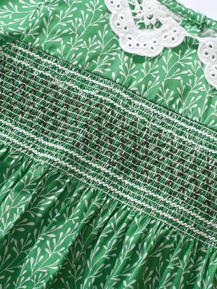 Girls Green Floral Print Peter Pan Collar Puff Sleeve A-Line Dress