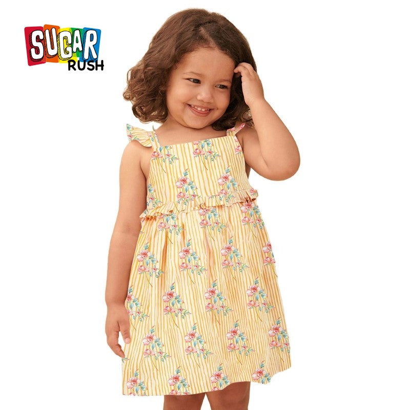 Girls Floral Printed Gathered Detail Cotton Fit & Flare Dress