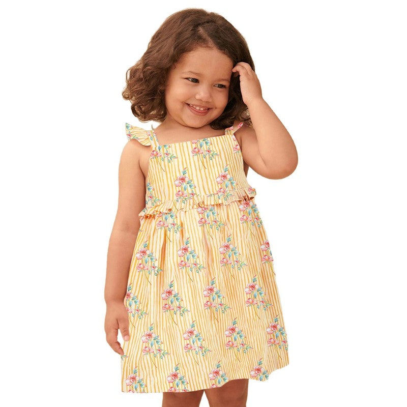Girls Floral Printed Gathered Detail Cotton Fit & Flare Dress