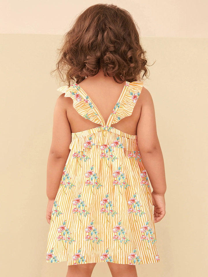 Girls Floral Printed Gathered Detail Cotton Fit & Flare Dress