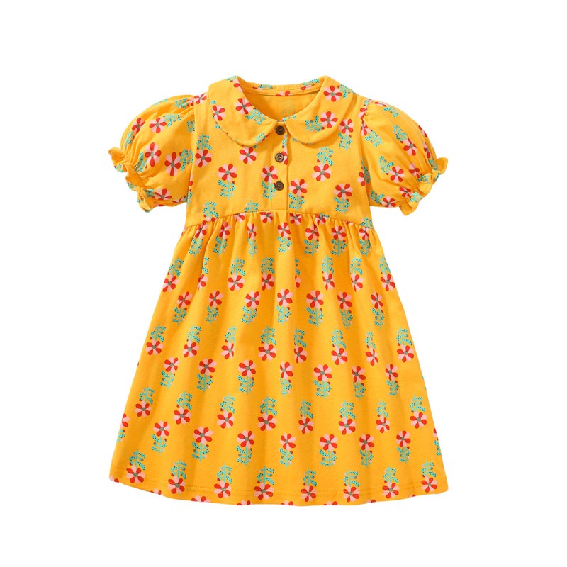 Orange Floral Printed Puff Sleeve Cotton Fit & Flare Dress