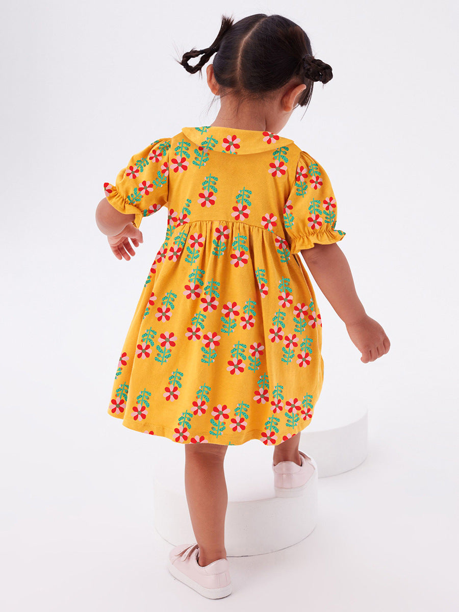 Orange Floral Printed Puff Sleeve Cotton Fit & Flare Dress