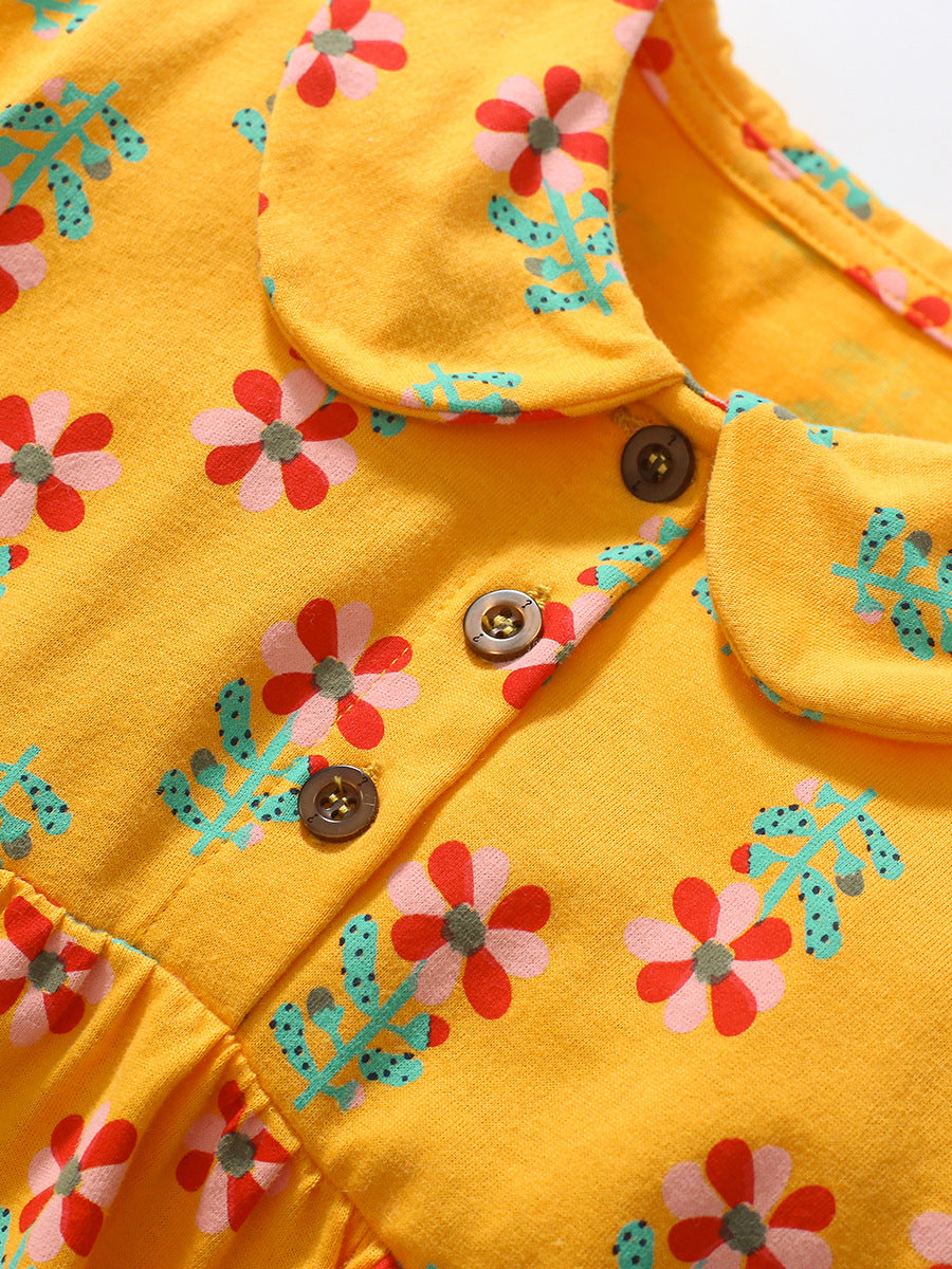 Orange Floral Printed Puff Sleeve Cotton Fit & Flare Dress