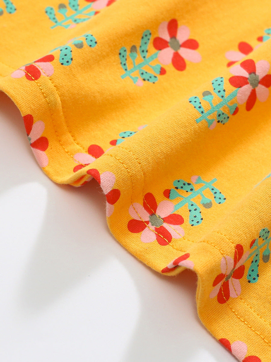 Orange Floral Printed Puff Sleeve Cotton Fit & Flare Dress