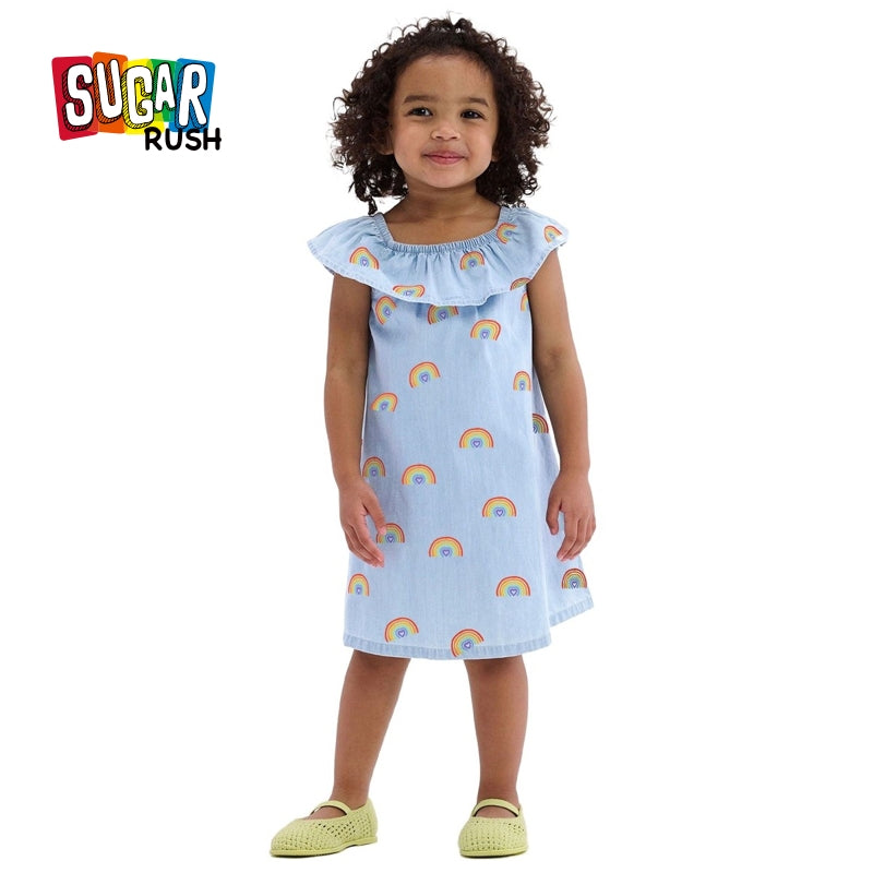 Girls Blue Conversational Print Ruffles Cotton A-Line Dress