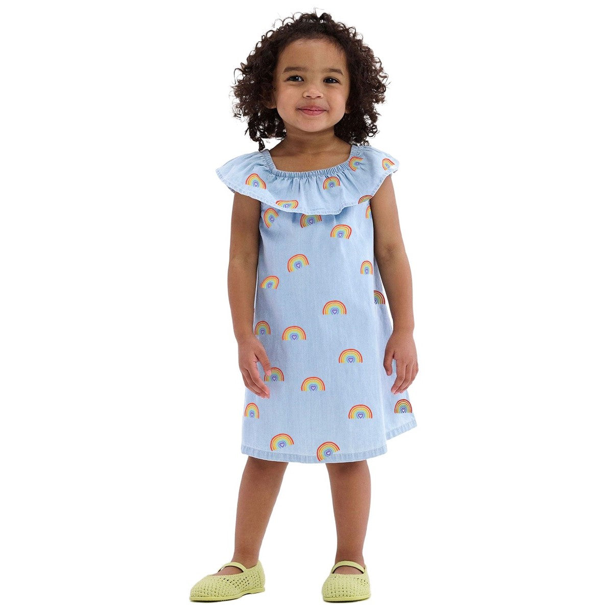 Girls Blue Conversational Print Ruffles Cotton A-Line Dress
