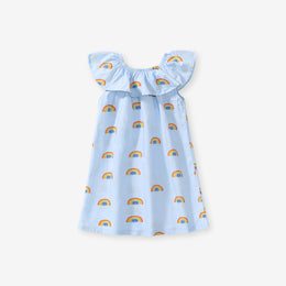 Girls Blue Conversational Print Ruffles Cotton A-Line Dress
