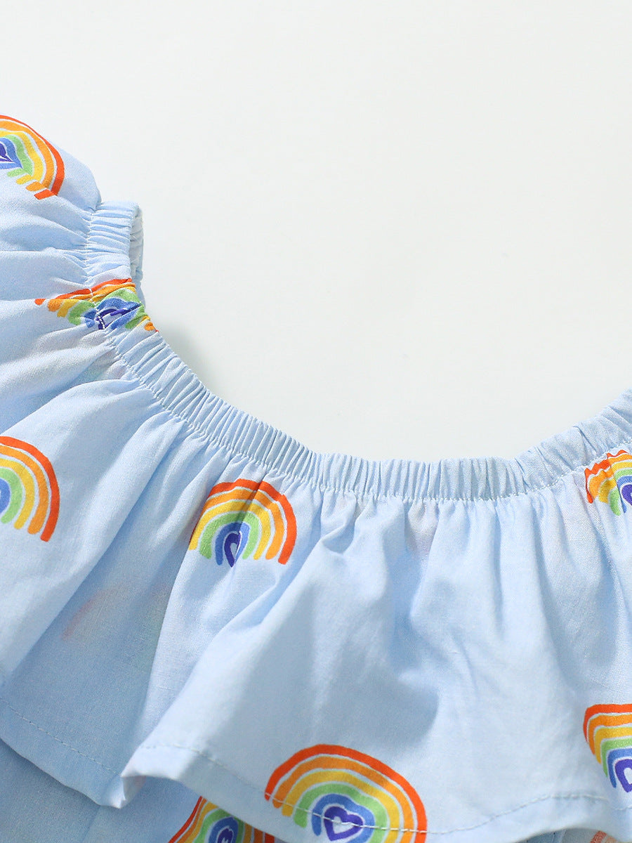 Girls Blue Conversational Print Ruffles Cotton A-Line Dress