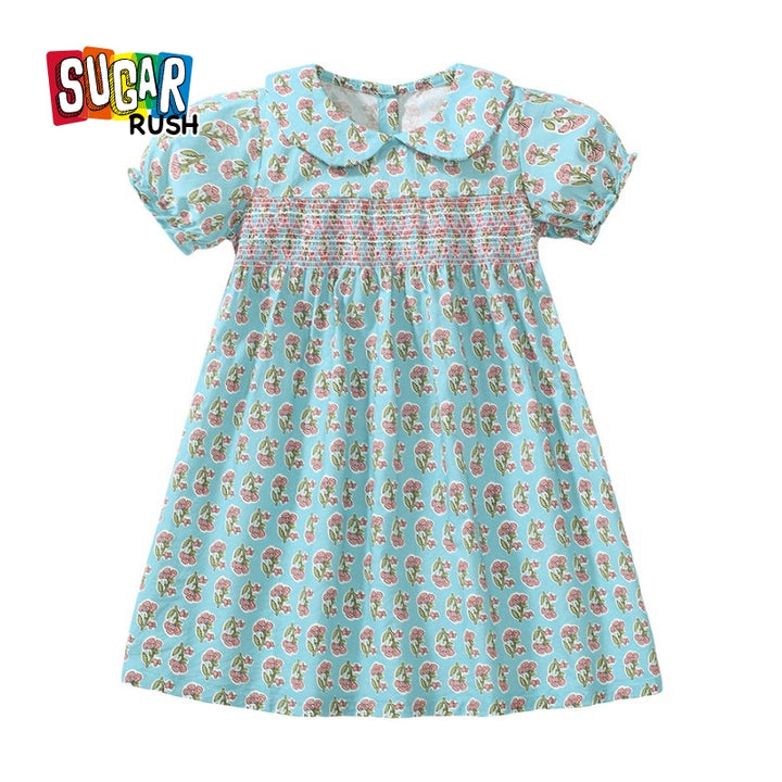 Girls Blue & Pik Floral Printed Puff Sleeve A-Line Cotton Midi Dress