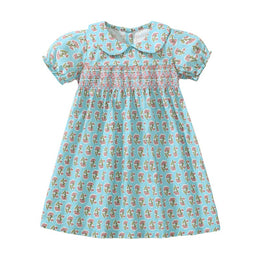 Girls Blue & Pik Floral Printed Puff Sleeve A-Line Cotton Midi Dress