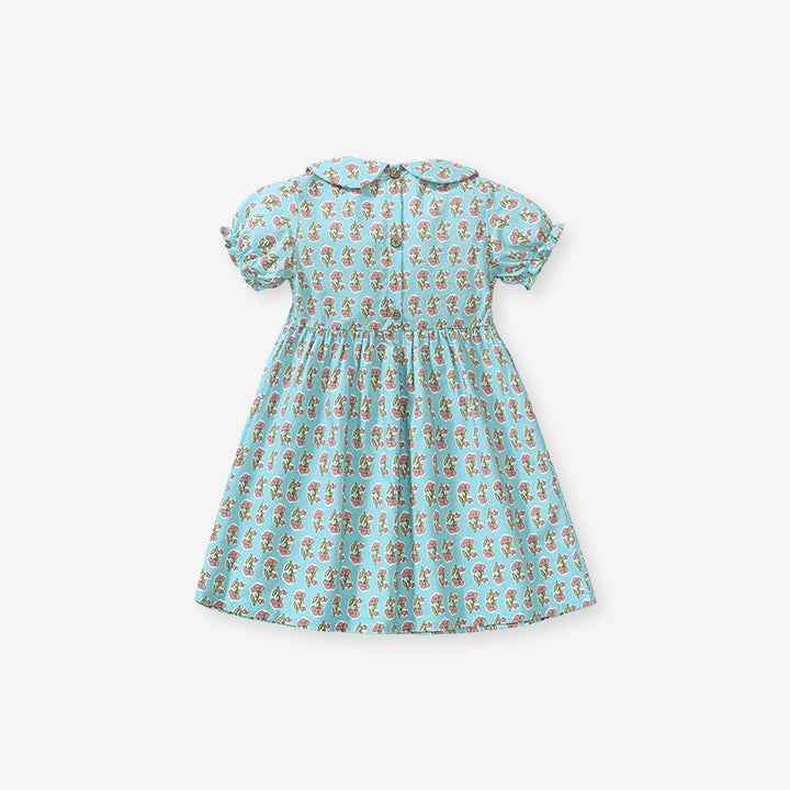 Girls Blue & Pik Floral Printed Puff Sleeve A-Line Cotton Midi Dress