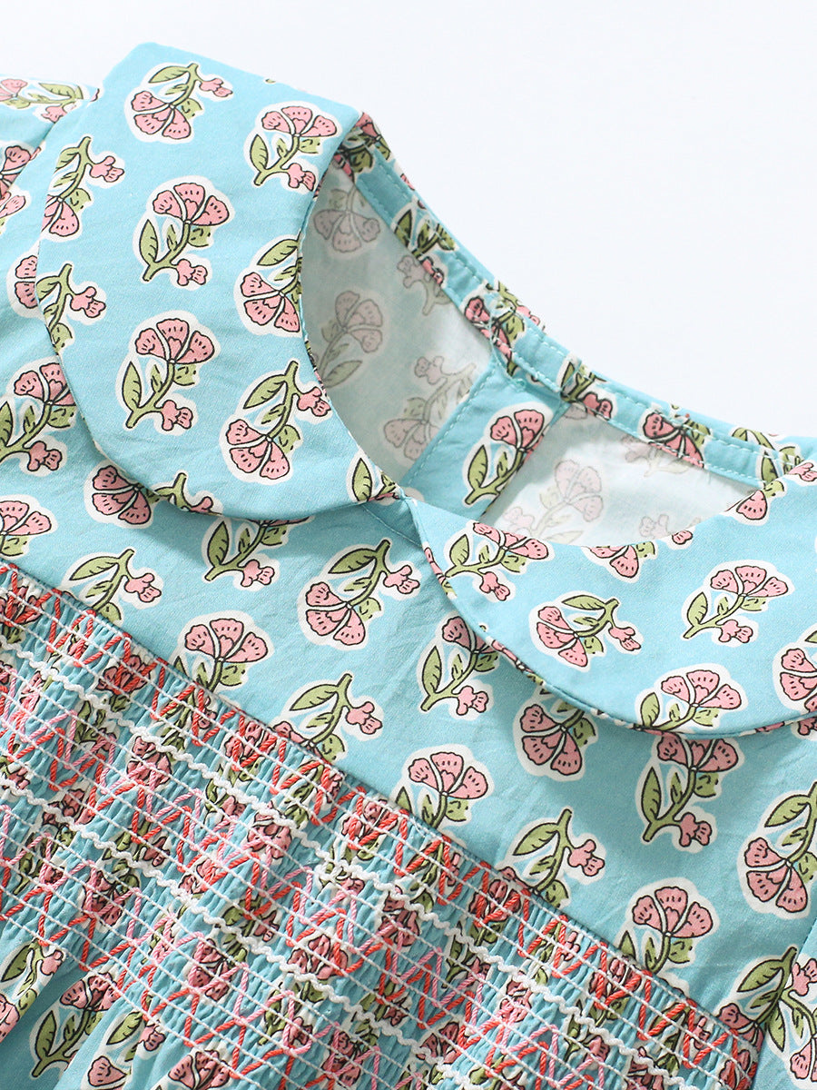 Girls Blue & Pik Floral Printed Puff Sleeve A-Line Cotton Midi Dress