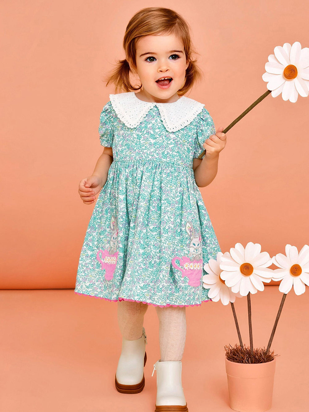 Girls Floral Printed Puff Sleeve Fit & Flare Dress