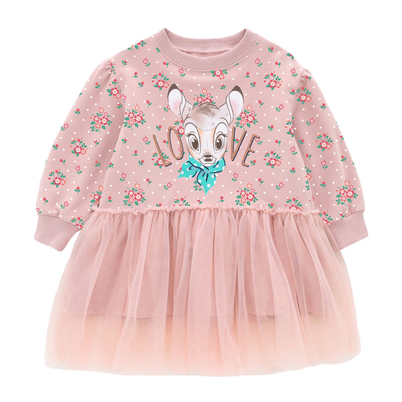 Girls Pink Floral Printed A-Line Mini Cotton Dress