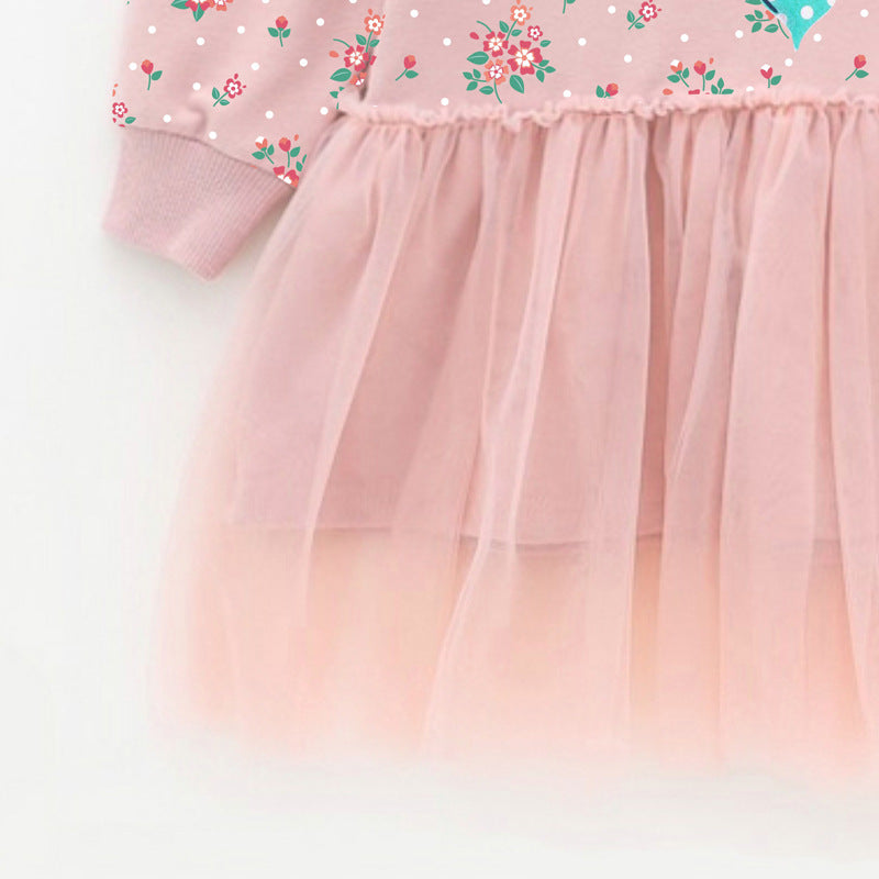 Girls Pink Floral Printed A-Line Mini Cotton Dress