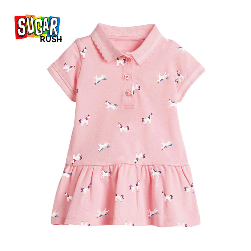 Girls Pink Conversational Printed Cotton A-Line Dress