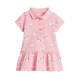 Girls Pink Conversational Printed Cotton A-Line Dress