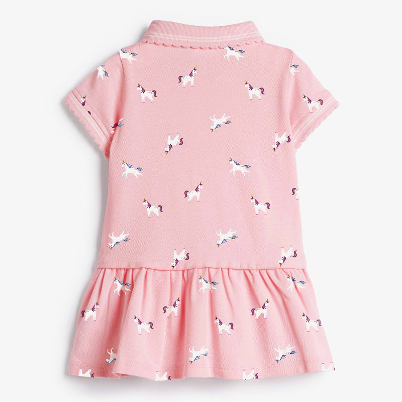 Girls Pink Conversational Printed Cotton A-Line Dress