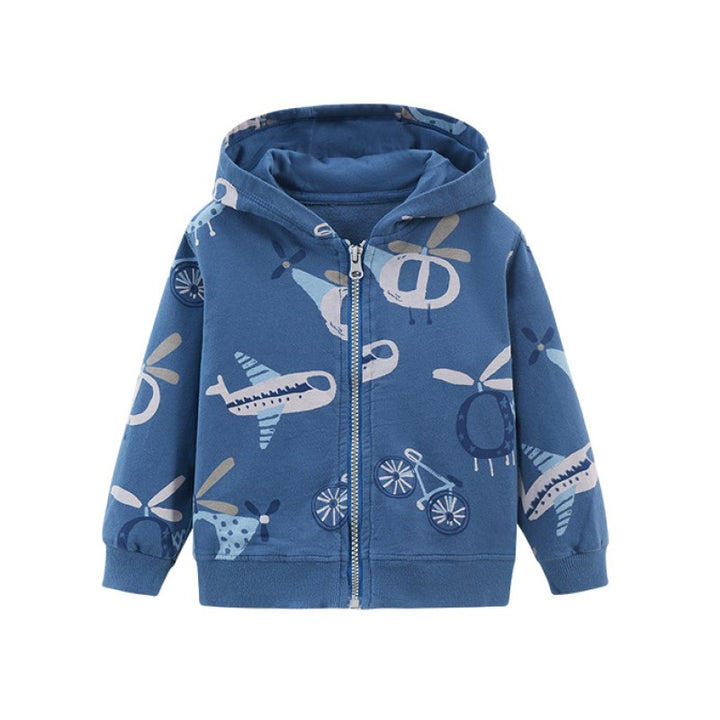 Boys Blue Conversational Printed Hooded Cotton Bomber Jacket