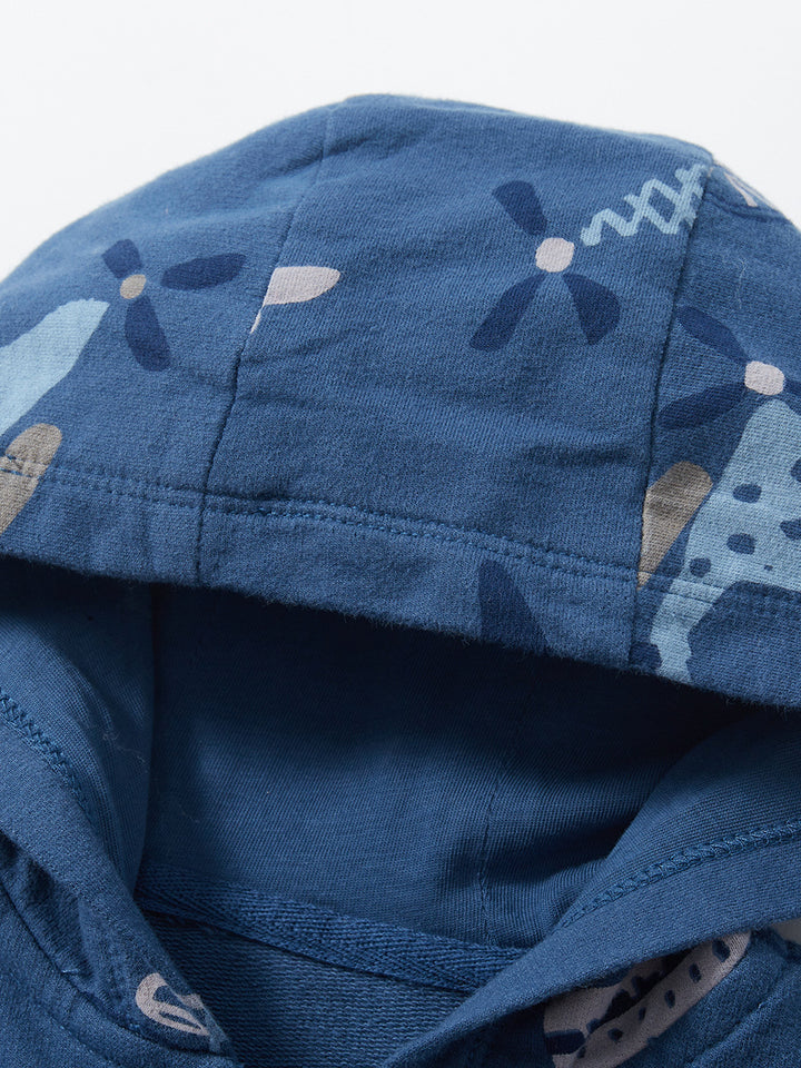 Boys Blue Conversational Printed Hooded Cotton Bomber Jacket