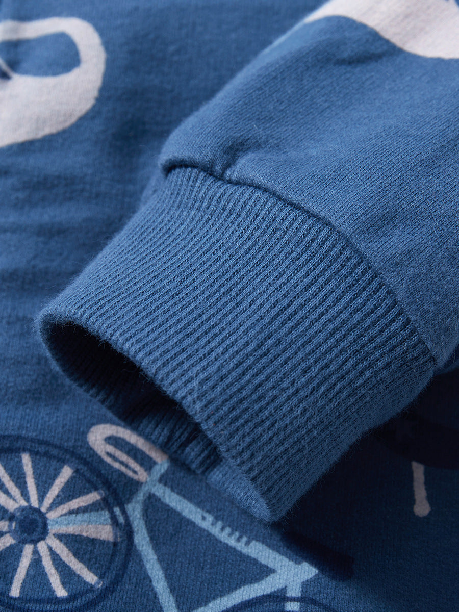 Boys Blue Conversational Printed Hooded Cotton Bomber Jacket