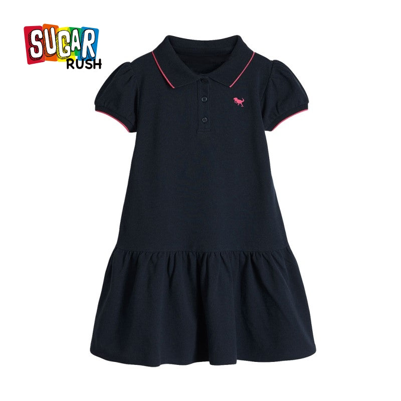 Girls Puff Sleeves Tiered Detail Drop-Waist Cotton A-Line Dress
