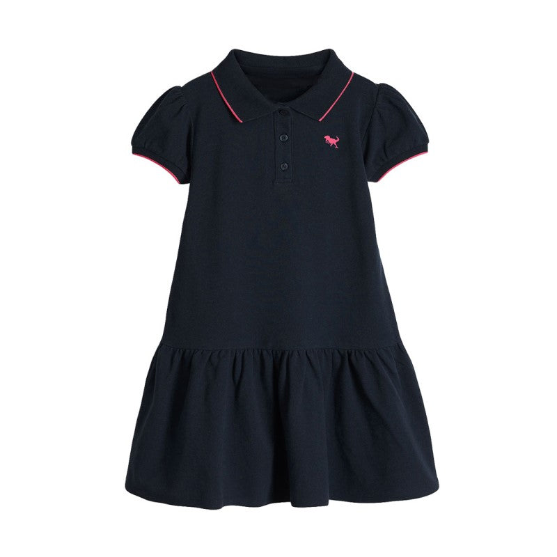 Girls Puff Sleeves Tiered Detail Drop-Waist Cotton A-Line Dress