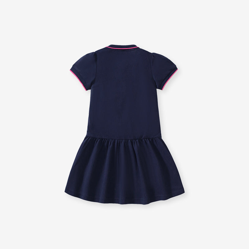 Girls Puff Sleeves Tiered Detail Drop-Waist Cotton A-Line Dress