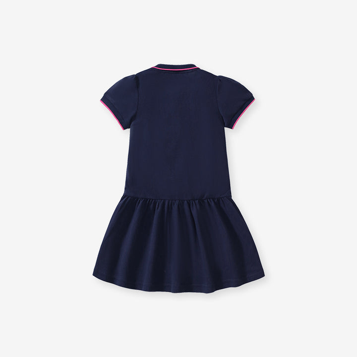 Girls Puff Sleeves Tiered Detail Drop-Waist Cotton A-Line Dress