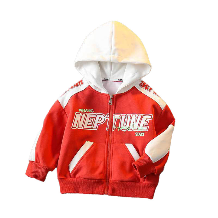 Boys Red Typography Printed Hooded Insulator Cotton Open Front Jacket