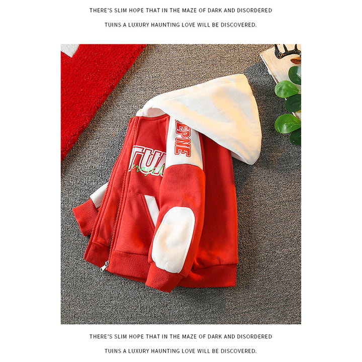 Boys Red Typography Printed Hooded Insulator Cotton Open Front Jacket