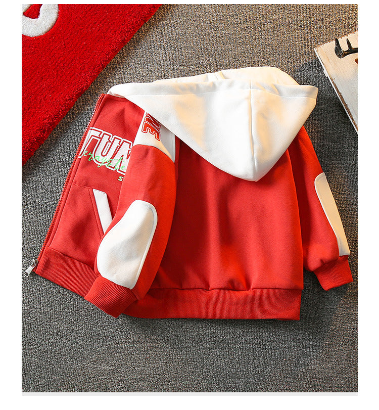Boys Red Typography Printed Hooded Insulator Cotton Open Front Jacket