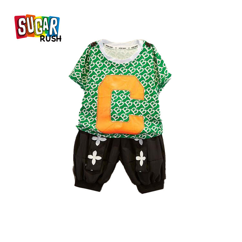 Boys Green & Black Printed Pure Cotton T-shirt with Trousers