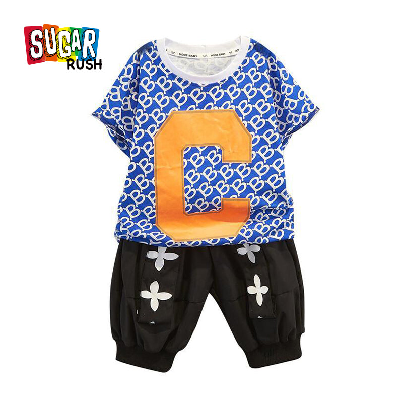 Boys Blue & Black Geometric Printed Pure Cotton T-shirt with Trousers