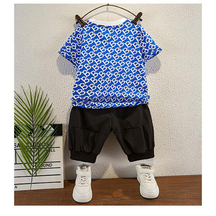 Boys Blue & Black Geometric Printed Pure Cotton T-shirt with Trousers