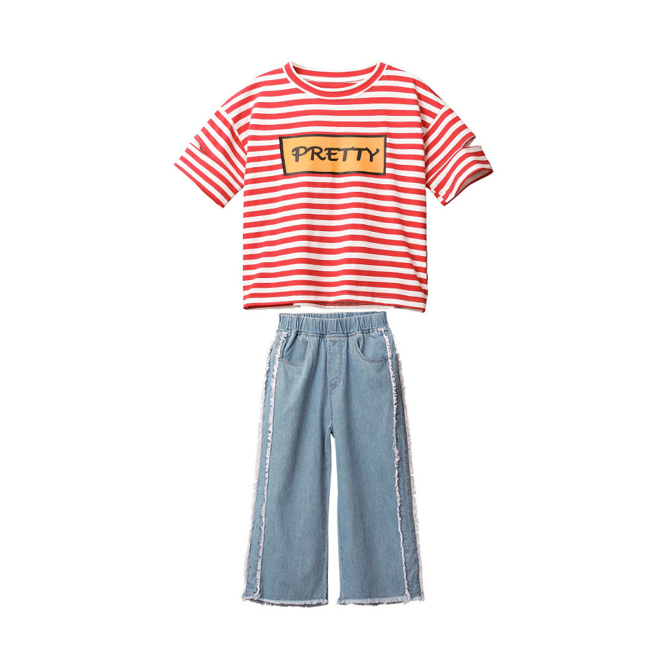 Girls Striped Pure Cotton T-shirt with Trousers