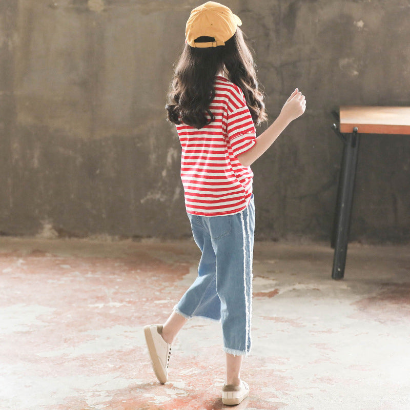 Girls Striped Pure Cotton T-shirt with Trousers
