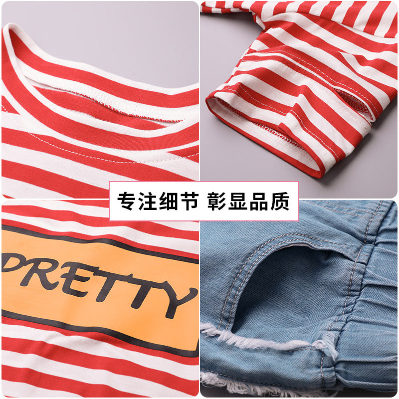 Girls Striped Pure Cotton T-shirt with Trousers