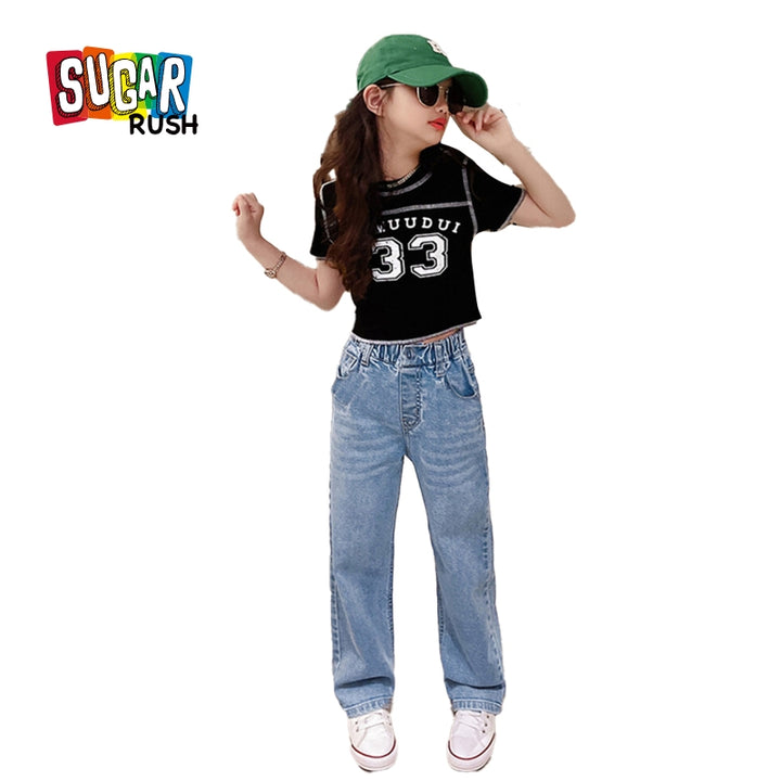 Girls Black Round Neck Printed T-shirt with Trousers