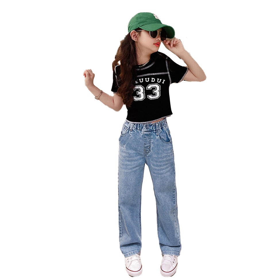 Girls Black Round Neck Printed T-shirt with Trousers