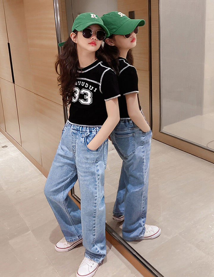 Girls Black Round Neck Printed T-shirt with Trousers