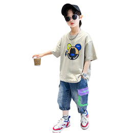 Boys Beige Printed T-shirt with Shorts