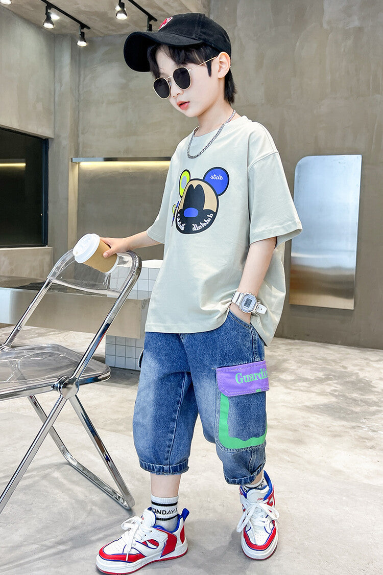 Boys Beige Printed T-shirt with Shorts