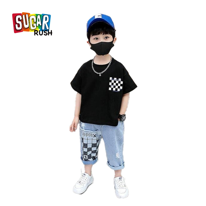 Boys Checked Round Neck T-shirt With Short