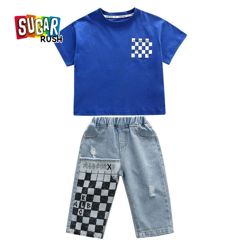 Boys Blue Printed T-shirt with Trousers